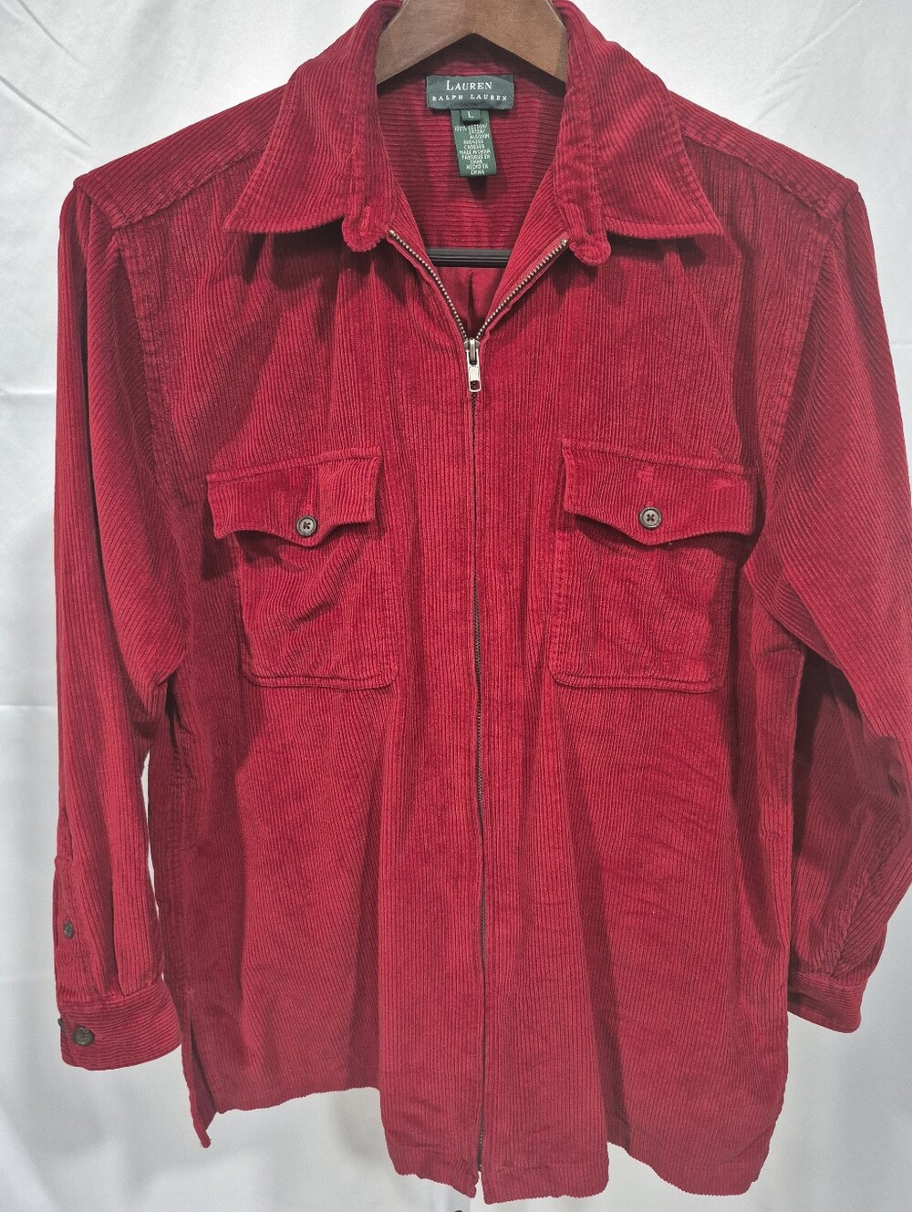 Lauren Ralph Lauren Burgundy Corduroy Zip Up Shirt Jacket, Large